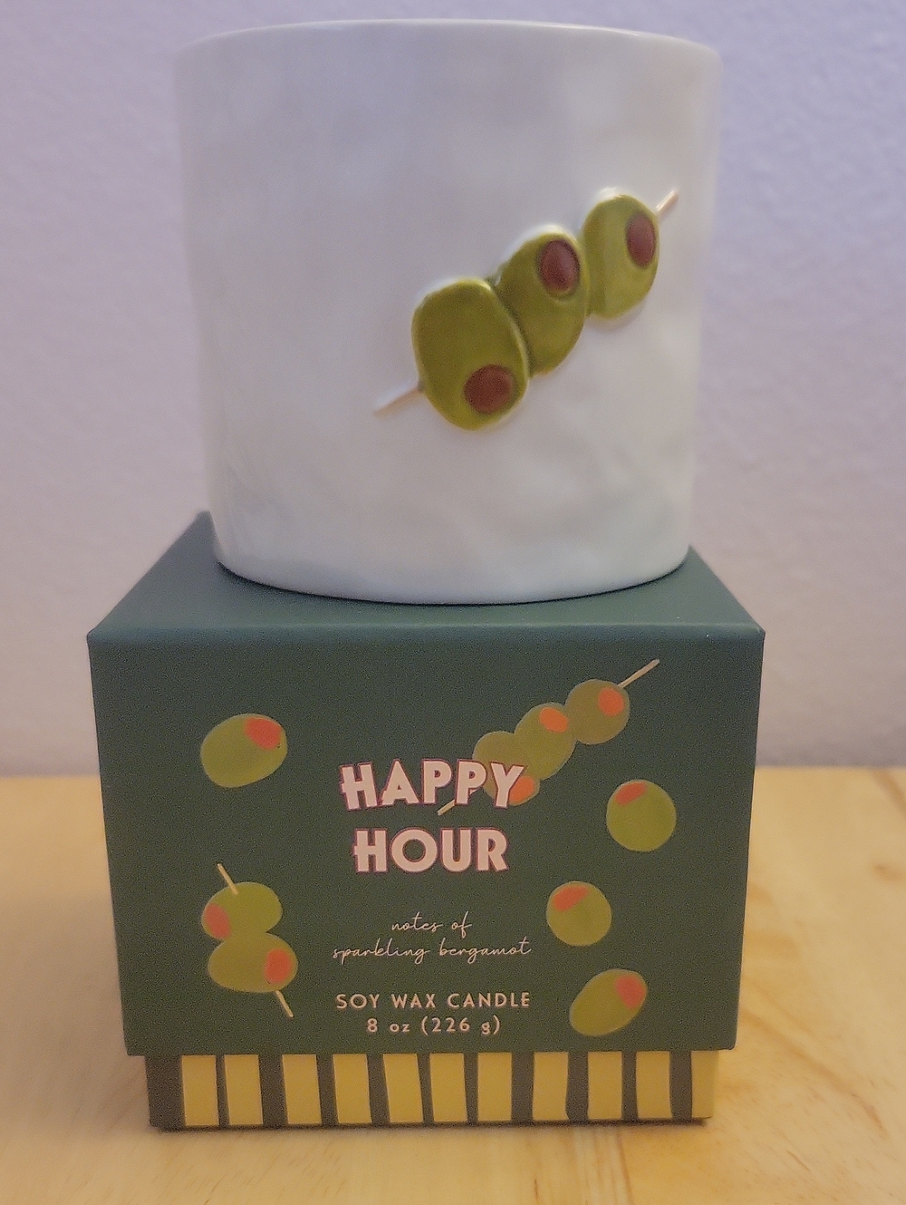 Urban Outfitters White Ceramic Candle Jar with Green Olive Motif
